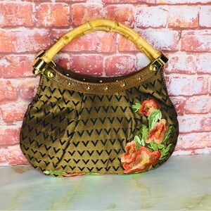 Brown Canvas Floral Embroidered Designer Inspired  Bamboo
Handle Hobo Bag